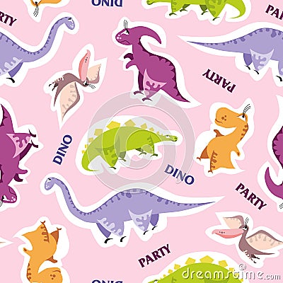 Seamless dinosaur pattern. Animal pink background with colorful dino. Vector illustration. Vector Illustration